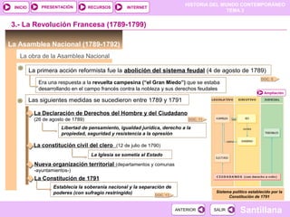 HISTORIA DEL MUNDO CONTEMPORÁNEO
TEMA 3
RECURSOS INTERNETPRESENTACIÓN
Santillana
INICIO
SALIRSALIRANTERIORANTERIOR
La Asamblea Nacional (1789-1792)
3.- La Revolución Francesa (1789-1799)
La obra de la Asamblea Nacional
La primera acción reformista fue la abolición del sistema feudal (4 de agosto de 1789)
Era una respuesta a la revuelta campesina (“el Gran Miedo”) que se estaba
desarrollando en el campo francés contra la nobleza y sus derechos feudales
Sistema político establecido por la
Constitución de 1791
DOC. 9
DOC. 11
Las siguientes medidas se sucedieron entre 1789 y 1791
La Declaración de Derechos del Hombre y del Ciudadano
(26 de agosto de 1789)
Libertad de pensamiento, igualdad jurídica, derecho a la
propiedad, seguridad y resistencia a la opresión
La constitución civil del clero (12 de julio de 1790)
La Iglesia se sometía al Estado
Nueva organización territorial (departamentos y comunas
-ayuntamientos-)
La Constitución de 1791
Establecía la soberanía nacional y la separación de
poderes (con sufragio restringido) DOC. 13
Ampliación
 
