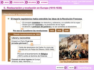 HISTORIA DEL MUNDO CONTEMPORÁNEO
TEMA 3
RECURSOS INTERNETPRESENTACIÓN
Santillana
INICIO
SALIRSALIRANTERIORANTERIOR
Provocó el levantamiento de Bélgica
(1831) contra el dominio de Holanda
Provocó el levantamiento de Bélgica
(1831) contra el dominio de Holanda
Liberal y nacionalistaLiberal y nacionalista
Liberalismo y nacionalismo
El imperio napoleónico había extendido las ideas de la Revolución Francesa
- El concepto ciudadano con derechos y soberanía y no súbditos de los reyes
- Países que eran naciones y no posesiones de los reyes
- El derecho a participar del gobierno y no ser sometidos al absolutismo
5.- Restauración y revolución en Europa (1815-1830)
Por eso se sucedieron las revoluciones
Oleada revolucionaria de 1830
Empezó en París (“Las tres
jornadas gloriosas”)
Empezó en París (“Las tres
jornadas gloriosas”)
1820 1830 1848
Caída del absolutismo de Carlos X e inicio del
reinado de Luis Felipe de Orleans (1830-1848)
Fracasó en otros lugares de Europa
(Polonia, Italia, Alemania...)
Fracasó en otros lugares de Europa
(Polonia, Italia, Alemania...) Las “tres jornadas gloriosas”, París de 1830
 