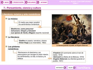 HISTORIA DEL MUNDO CONTEMPORÁNEO
TEMA 3
RECURSOS INTERNETPRESENTACIÓN
Santillana
INICIO
SALIRSALIRANTERIORANTERIOR
7.- Pensamiento, ciencia y cultura
Literatura, música y arte románticos
La libertad guiando el pueblo, de Eugéne Delacroix
La música
El medio que mejor canalizó
los sentimientos románticos
-Beethoven, como precursor
-Schumann, Chopin y Schubert
-Las óperas de Verdi y Wagner (espíritu nacional)
La literatura
-Goethe en poesía, narrativa y drama
-Víctor Hugo (Los miserables, 1862)
Los pintores
románticos
-Rechazaron el clasicismo y se
preocuparon por recoger la visión interior,
los sentimientos, la vida, la fuerza y la
belleza
-Friedrich (El caminante sobre el mar de
niebla, 1818)
-Géricault (La Balsa de la Medusa, 1819)
-Eugéne Delacroix (La libertad guiando el
pueblo, 1831)
 