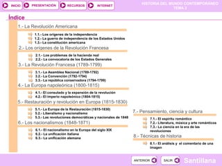 HISTORIA DEL MUNDO CONTEMPORÁNEO
TEMA 3
RECURSOS INTERNETPRESENTACIÓN
Santillana
INICIO
SALIRSALIRANTERIORANTERIOR
1.- La Revolución Americana
1.1.- Los orígenes de la independencia
1.2.- La guerra de independencia de los Estados Unidos
1.3.- La constitución americana
2.- Los orígenes de la Revolución Francesa
2.1.- Los problemas de la hacienda real
2.2.- La convocatoria de los Estados Generales
3.- La Revolución Francesa (1789-1799)
3.1.- La Asamblea Nacional (1789-1792)
3.2.- La Convención (1792-1794)
3.3.- La república conservadora (1794-1799)
Índice
4.- La Europa napoleónica (1800-1815)
4.1.- El consulado y la expansión de la revolución
4.2.- El imperio napoleónico (1804-1815)
8.- Técnicas de historia
8.1.- El análisis y el comentario de una
imagen
5.- Restauración y revolución en Europa (1815-1830)
5.1.- La Europa de la Restauración (1815-1830)
5.2.- Liberalismo y nacionalismo
5.3.- Las revoluciones democráticas y nacionales de 1848
6.- Los nacionalismos (1848-1871)
6.1.- El nacionalismo en la Europa del siglo XIX
6.2.- La unificación italiana
6.3.- La unificación alemana
7.- Pensamiento, ciencia y cultura
7.1.- El espíritu romántico
7.2.- Literatura, música y arte románticos
7.3.- La ciencia en la era de las
revoluciones
 