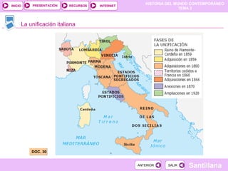 HISTORIA DEL MUNDO CONTEMPORÁNEO
TEMA 3
RECURSOS INTERNETPRESENTACIÓN
Santillana
INICIO
SALIRSALIRANTERIORANTERIOR
La unificación italiana
DOC. 30DOC. 30
 