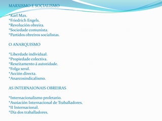 MARXISMO E SOCIALISMO

*Karl Max.
*Friedrich Engels.
*Revolución obreira.
*Sociedade comunista.
*Partidos obreiros socialistas.
O ANARQUISMO
*Liberdade individual.
*Propiedade colectiva.
*Rexeitamento á autoridade.
*Folga xeral.
*Acción directa.
*Anarcosindicalismo.
AS INTERNAIONAIS OBREIRAS

*Internacionalismo proletario.
*Asoiación Internacional de Traballadores.
*II Internacional.
*Día dos traballadores.

 