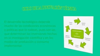 El desarrollo tecnológico depende
mucho de las condiciones económicas
y políticas que lo rodean, pues son las
que determinan las inversiones hechas
en la investigación científica y en los
modos de producción y consumo
implementar.