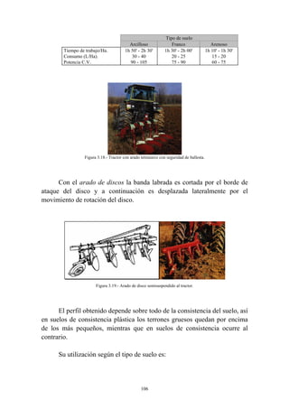 Tiempo de trabajo/Ha.
Consumo (L/Ha).
Potencia C.V.

Arcilloso
1h 50' - 2h 30'
30 - 40
90 - 105

Tipo de suelo
Franco
1h 30' - 2h 00'
20 - 25
75 - 90

Arenoso
1h 10' - 1h 30'
15 - 20
60 - 75

Figura 3.18.- Tractor con arado tetrasurco con seguridad de ballesta.

Con el arado de discos la banda labrada es cortada por el borde de
ataque del disco y a continuación es desplazada lateralmente por el
movimiento de rotación del disco.

Figura 3.19.- Arado de disco semisuspendido al tractor.

El perfil obtenido depende sobre todo de la consistencia del suelo, así
en suelos de consistencia plástica los terrones gruesos quedan por encima
de los más pequeños, mientras que en suelos de consistencia ocurre al
contrario.
Su utilización según el tipo de suelo es:

106

 