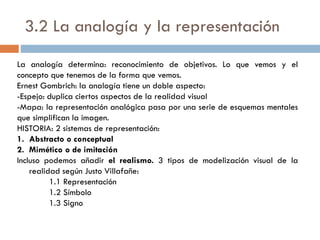 3.2 La analogía y la representación
La analogía determina: reconocimiento de objetivos. Lo que vemos y el
concepto que tenemos de la forma que vemos.
Ernest Gombrich: la analogía tiene un doble aspecto:
-Espejo: duplica ciertos aspectos de la realidad visual
-Mapa: la representación analógica pasa por una serie de esquemas mentales
que simplifican la imagen.
HISTORIA: 2 sistemas de representación:
1. Abstracto o conceptual
2. Mimético o de imitación
Incluso podemos añadir el realismo. 3 tipos de modelización visual de la
realidad según Justo Villafañe:
1.1 Representación
1.2 Símbolo
1.3 Signo
 