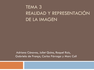 TEMA 3
REALIDAD Y REPRESENTACIÓN
DE LA IMAGEN
Adriana Cánovas, Juliet Quino, Raquel Ruiz,
Gabriela de França, Carlos Párraga y Marc Coll
 