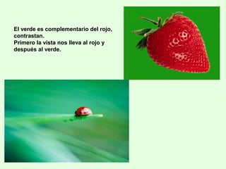 El verde es complementario del rojo,
contrastan.
Primero la vista nos lleva al rojo y
después al verde.
 