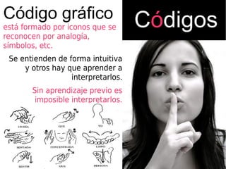 CódigosCódigo gráfico
está formado por iconos que se
reconocen por analogía,
símbolos, etc.
Se entienden de forma intuitiva
y otros hay que aprender a
interpretarlos.
Sin aprendizaje previo es
imposible interpretarlos.
 