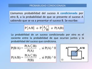 PROBABILIDAD CONDICIONADA
Llamamos probabilidad del suceso A condicionada por
otro B, a la probabilidad de que se presente el suceso A
sabiendo que se va a presentar el suceso B. Se escribe:
P A/B( ) o P A
B( ) o P(A|B)
La probabilidad de un suceso condicionado por otro es el
cociente entre la probabilidad de que ocurran juntos y la
probabilidad del suceso que condiciona.
P(B/A) =
P(AÇB)
P(A)
, si P(A) ¹ 0
P(A/B) =
P(AÇB)
P(B)
, si P(B)¹ 0 B
A A∩B

 