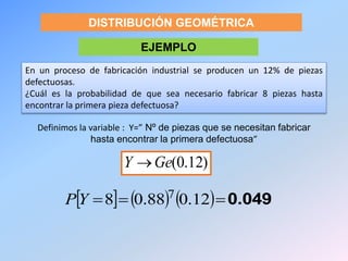 DISTRIBUCIÓN GEOMÉTRICA
EJEMPLO
En un proceso de fabricación industrial se producen un 12% de piezas
defectuosas.
¿Cuál es la probabilidad de que sea necesario fabricar 8 piezas hasta
encontrar la primera pieza defectuosa?
Definimos la variable : Y=” Nº de piezas que se necesitan fabricar
hasta encontrar la primera defectuosa”
)12.0(GeY 
      0.049 12.088.08 7
YP
 
