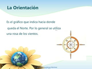 La Orientación
Es el gráfico que indica hacia donde
queda el Norte. Por lo general se utiliza
una rosa de los vientos.
Ing. Zoraida Guadalupe Martínez
 