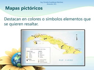 Mapas pictóricos
Destacan en colores o símbolos elementos que
se quieren resaltar.
Ing. Zoraida Guadalupe Martínez
Alvarado, M.E.
 