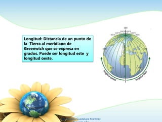 Longitud: Distancia de un punto de 
la Tierra al meridiano de 
Greenwich que se expresa en 
grados. Puede ser longitud este y 
longitud oeste. 
Ing. Zoraida Guadalupe Martínez 
Alvarado, M.E. 
 