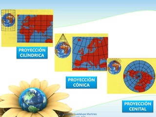 PROYECCIÓN 
CILÍNDRICA 
PROYECCIÓN 
CÓNICA 
PROYECCIÓN 
CENITAL 
Ing. Zoraida Guadalupe Martínez 
Alvarado, M.E. 
 