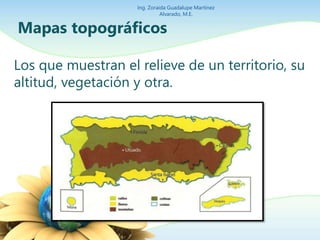 Ing. Zoraida Guadalupe Martínez 
Alvarado, M.E. 
Mapas topográficos 
Los que muestran el relieve de un territorio, su 
altitud, vegetación y otra. 
 