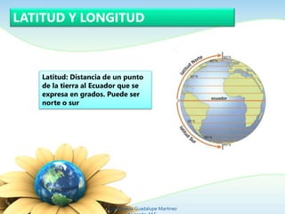 LATITUD Y LONGITUD 
Latitud: Distancia de un punto 
de la tierra al Ecuador que se 
expresa en grados. Puede ser 
norte o ...