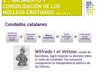 2º. NACIMIENTO Y 
CONSOLIDACIÓN DE LOS 
NÚCLEOS CRISTIANOS (Siglos VIII a X) 
Condados catalanes 
Wilfredo I el Velloso, conde de 
Barcelona, logró imponer su dominio sobre 
el resto de condados. Sus sucesores 
consiguieron la independencia política de 
los francos. 
 
