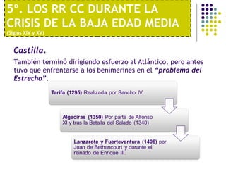 5º. LOS RR CC DURANTE LA 
CRISIS DE LA BAJA EDAD MEDIA 
(Siglos XIV y XV) 
Castilla. 
También terminó dirigiendo esfuerzo al Atlántico, pero antes 
tuvo que enfrentarse a los benimerines en el “problema del 
Estrecho”. 
 