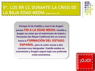 5º. LOS RR CC DURANTE LA CRISIS DE 
LA BAJA EDAD MEDIA (Siglos XIV y XV) 
1º. UNA ECONOMÍA MODERNA 
Enrique IV de Castilla y Juan II de Aragón 
ponían FIN A LA EDAD MEDIA. Castilla y 
Aragón se unían por el matrimonio de Isabel y 
Fernando (los Reyes Católicos) Era un avance 
hacia la FORMACIÓN DEL ESTADO 
ESPAÑOL, pero la unión reunía a dos 
coronas muy desiguales: Castilla estaba en 
crecimiento y Aragón seguía bajo una profunda 
crisis económica. 
¡OJO! 
 