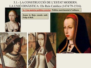 3.1.- LA CONSTRUCCIÓ DE L’ESTAT MODERN.
LA UNIÓ DINÀSTICA: Els Reis Catòlics (1474/79-1516).
b.- Una mateixa política exterior. Política matrimonial d’enllaços.
Joana la Boja casada amb
Felip el Bell.
 