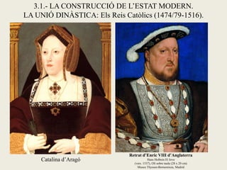 3.1.- LA CONSTRUCCIÓ DE L’ESTAT MODERN.
LA UNIÓ DINÀSTICA: Els Reis Catòlics (1474/79-1516).
Retrat d’Enric VIII d’Anglaterra
Hans Holbein El Jove
(vers. 1537), Oli sobre taula (28 x 20 cm)
Museu Thyssen-Bornemisza, Madrid
Catalina d’Aragó
 
