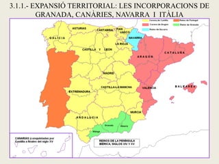 3.1.1.- EXPANSIÓ TERRITORIAL: LES INCORPORACIONS DE
GRANADA, CANÀRIES, NAVARRA I ITÀLIA
 