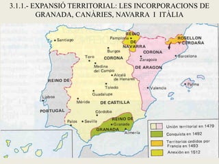 3.1.1.- EXPANSIÓ TERRITORIAL: LES INCORPORACIONS DE
GRANADA, CANÀRIES, NAVARRA I ITÀLIA
 