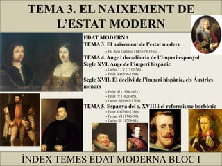 EDAT MODERNA
TEMA 3. El naixement de l’estat modern
- Els Reis Catòlics (1474/79-1516).
TEMA 4. Auge i decadència de l’Imperi espanyol
Segle XVI. Auge de l’imperi hispànic
- Carles I i V (1517-56).
- Felip II (1556-1598).
Segle XVII. El declivi de l’imperi hispànic, els Àustries
menors
- Felip III (1598-1621).
- Felip IV (1621-65).
- Carles II (1665-1700).
TEMA 5. Espanya del s. XVIII i el reformisme borbònic
- Felip V (1700-1746).
- Ferran VI (1746-59).
- Carles III (1759-88).
TEMA 3. EL NAIXEMENT DE
L’ESTAT MODERN
ÍNDEX TEMES EDAT MODERNA BLOC I
 