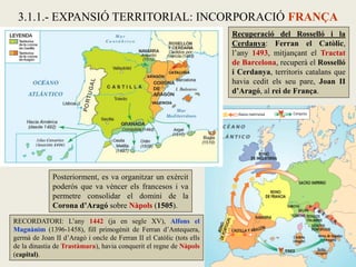 Recuperació del Rosselló i la
Cerdanya: Ferran el Catòlic,
l’any 1493, mitjançant el Tractat
de Barcelona, recuperà el Rosselló
i Cerdanya, territoris catalans que
havia cedit els seu pare, Joan II
d’Aragó, al rei de França.
3.1.1.- EXPANSIÓ TERRITORIAL: INCORPORACIÓ FRANÇA
Posteriorment, es va organitzar un exèrcit
poderós que va vèncer els francesos i va
permetre consolidar el domini de la
Corona d’Aragó sobre Nàpols (1505).
RECORDATORI: L’any 1442 (ja en segle XV), Alfons el
Magnànim (1396-1458), fill primogènit de Ferran d’Antequera,
germà de Joan II d’Aragó i oncle de Ferran II el Catòlic (tots ells
de la dinastia de Trastàmara), havia conquerit el regne de Nàpols
(capital).
 