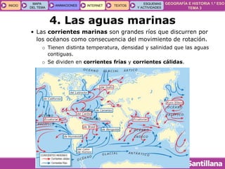 GEOGRAFÍA E HISTORIA 1.º ESO
TEMA 3
INICIOINICIO
MAPA
DEL TEMA
MAPA
DEL TEMA
ANIMACIONESANIMACIONES INTERNETINTERNET TEXTOSTEXTOSTEXTOS
ESQUEMAS
Y ACTIVIDADES
ESQUEMAS
Y ACTIVIDADES
4. Las aguas marinas
• Las corrientes marinas son grandes ríos que discurren por
los océanos como consecuencia del movimiento de rotación.
o Tienen distinta temperatura, densidad y salinidad que las aguas
contiguas.
o Se dividen en corrientes frías y corrientes cálidas.
 
