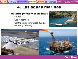GEOGRAFÍA E HISTORIA 1.º ESO
TEMA 3
INICIOINICIO
MAPA
DEL TEMA
MAPA
DEL TEMA
ANIMACIONESANIMACIONES INTERNETINTERNET TEXTOSTEXTOSTEXTOS
ESQUEMAS
Y ACTIVIDADES
ESQUEMAS
Y ACTIVIDADES04
– Materias primas y energéticas
• Salinas.
• Gas y petróleo.
• Centrales maremotrices (fuerza
de olas y mareas).
4. Las aguas marinas
 