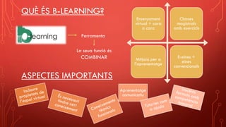 QUÈ ÉS B-LEARNING?
Ferramenta
La seua funció és
COMBINAR
Ensenyament
virtual + cara
a cara
Classes
magistrals
amb exercicis
Mitjans per a
l’aprenentatge
E-eines +
eines
convencionals
ASPECTES IMPORTANTS
Aprenentatge
comunicatiu
 