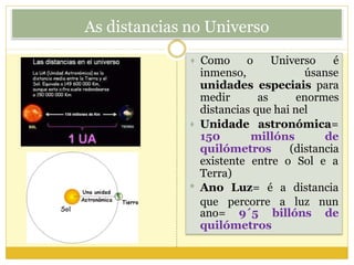 As distancias no Universo
 Como o
inmenso,
Universo é
úsanse
unidades especiais para
medir as enormes
distancias que hai nel
 Unidade astronómica=
150 millóns de
quilómetros (distancia
existente entre o Sol e a
Terra)
ano= 9´5 billóns de
quilómetros
 Ano Luz= é a distancia
que percorre a luz nun
 