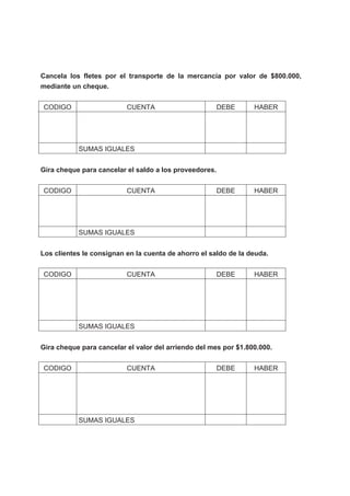 Cancela los fletes por el transporte de la mercancía por valor de $800.000,
mediante un cheque.
CODIGO CUENTA DEBE HABER
SUMAS IGUALES
Gira cheque para cancelar el saldo a los proveedores.
CODIGO CUENTA DEBE HABER
SUMAS IGUALES
Los clientes le consignan en la cuenta de ahorro el saldo de la deuda.
CODIGO CUENTA DEBE HABER
SUMAS IGUALES
Gira cheque para cancelar el valor del arriendo del mes por $1.800.000.
CODIGO CUENTA DEBE HABER
SUMAS IGUALES
 