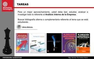TAREAS
Para un mejor aprovechamiento, usted debe leer, estudiar, analizar e
investigar todo lo referente al Análisis Interno de la Empresa.
Buscar bibliografía alterna o complementaria referente al tema que se está
estudiando.
Libros Básicos.
Mgr. Santos Tito Avalos Navia
 