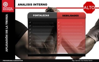 Mgr. Santos Tito Avalos Navia
Análisis de Identidad Corporativa
CRITERIOS
- VALORES +
1 2 3 4 5
Diseño del logotipo
Uso de colores Corp.
Atributos
Notoriedad
Originalidad
Manual Corporativo
Papelería
Uniformes
Material Publicitario
ANÁLISIS DE LA PUBLICIDAD
 