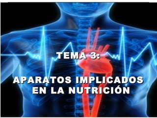 1
TEMA 3 Nutrición IITEMA 3 Nutrición II
TEMA 3:TEMA 3:
APARATOS IMPLICADOSAPARATOS IMPLICADOS
EN LA NUTRICIÓNEN LA NUTRICIÓN
 