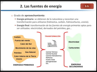 3.3.
o Grado de aprovechamiento:
 Energía primaria: se obtienen de la naturaleza y necesitan una
transformación para utilizarse (hidráulica, carbón, hidrocarburos, uranio).
 Energía final: transformación de las fuentes de energía primarias aptas para
ser utilizadas: electricidad, derivados del petróleo, gas…
2. Las fuentes de energía
 