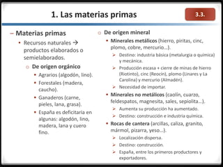 3.3.1. Las materias primas
– Materias primas
 Recursos naturales 
productos elaborados o
semielaborados.
o De origen orgánico
 Agrarios (algodón, lino).
 Forestales (madera,
caucho).
 Ganaderos (carne,
pieles, lana, grasa).
 España es deficitaria en
algunas: algodón, lino,
madera, lana y cuero
fino.
o De origen mineral
 Minerales metálicos (hierro, piritas, cinc,
plomo, cobre, mercurio…).
 Destino: industria básica (metalurgia o química)
y mecánica.
 Producción escasa + cierre de minas de hierro
(Riotinto), cinc (Reocín), plomo (Linares y La
Carolina) y mercurio (Almadén).
 Necesidad de importar.
 Minerales no metálicos (caolín, cuarzo,
feldespatos, magnesita, sales, sepiolita…).
 Aumenta su producción ha aumentado.
 Destino: construcción e industria química.
 Rocas de cantera (arcillas, caliza, granito,
mármol, pizarra, yeso…).
 Localización dispersa.
 Destino: construcción.
 España, entre los primeros productores y
exportadores.
 