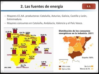 3.3.2. Las fuentes de energía
– Mayores CC.AA. productoras: Cataluña, Asturias, Galicia, Castilla y León,
Extremadura.
– Mayores consumos en Cataluña, Andalucía, Valencia y el País Vasco.
 