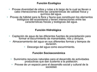 Función Ecológica
• Provee diversidad de sitios y rutas a lo largo de la cual se llevan a
cabo interacciones entre las características de calidad física y
química del agua.
• Provee de hábitat para la flora y fauna que constituyen los elementos
biológicos del ecosistema y tienen interacciones entre las
características físicas y biológicas del agua.
Función Hidrológica
• Captación de agua de las diferentes fuentes de precipitación para
formar el escurrimiento de manantiales, ríos y arroyos.
• Almacenamiento del agua en sus diferentes formas y tiempos de
duración.
• Descarga del agua como escurrimiento.
Función Socioeconómica
• Suministra recursos naturales para el desarrollo de actividades
productivas que dan sustento a la población.
• Provee de un espacio para el desarrollo social y cultural de la
sociedad.
 