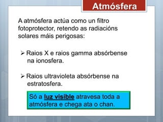 A atmósfera actúa como un filtro
fotoprotector, retendo as radiacións
solares máis perigosas:
Atmósfera
 Raios X e raios gamma absórbense
na ionosfera.
 Raios ultravioleta absórbense na
estratosfera.
Só a luz visible atravesa toda a
atmósfera e chega ata o chan.
 