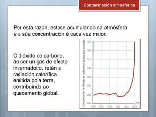 Contaminación atmosférica
Por esta razón, estase acumulando na atmósfera
e a súa concentración é cada vez maior.
O dióxido de carbono,
ao ser un gas de efecto
invernadoiro, retén a
radiación calorífica
emitida pola terra,
contribuindo ao
quecemento global.
 