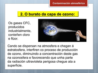 2. O burato da capa de ozono:
Contaminación atmosférica
Os gases CFC,
producidos
industrialmente,
conteñen cloro
e flúor.
Cando se dispersan na atmosfera e chegan á
estratosfera, interfiren co proceso de producción
de ozono, diminuindo a concentración deste gas
na ozonosfera e favorecendo que unha parte
da radiación ultravioleta perigosa chegue ata a
superficie.
 