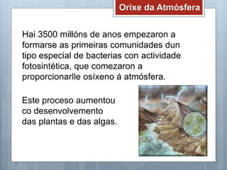 Orixe da Atmósfera
Hai 3500 millóns de anos empezaron a
formarse as primeiras comunidades dun
tipo especial de bacterias con actividade
fotosintética, que comezaron a
proporcionarlle osíxeno á atmósfera.
Este proceso aumentou
co desenvolvemento
das plantas e das algas.
 