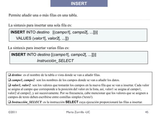 ©2011 45Marta Zorrilla -UC
INSERT INTO destino [(campo1[, campo2[, ...]])]
VALUES (valor1[, valor2[, ...]])
Permite añadir...