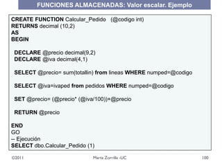 ©2011 100Marta Zorrilla -UC
CREATE FUNCTION Calcular_Pedido (@codigo int)
RETURNS decimal (10,2)
AS
BEGIN
DECLARE @precio ...