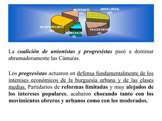La coalición de unionistas y progresistas pasó a dominar
abrumadoramente las Cámaras.
Los progresistas actuaron en defensa fundamentalmente de los
intereses económicos de la burguesía urbana y de las clases
medias. Partidarios de reformas limitadas y muy alejados de
los intereses populares, acabaron chocando tanto con los
movimientos obreros y urbanos como con los moderados.
 