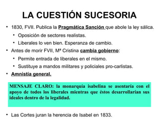LA CUESTIÓN SUCESORIA

1830, FVII. Publica la Pragmática Sanción que abole la ley sálica.

Oposición de sectores realistas.

Liberales lo ven bien. Esperanza de cambio.

Antes de morir FVII, Mª Cristina cambia gobierno:

Permite entrada de liberales en el mismo.

Sustituye a mandos militares y policiales pro-carlistas.

Amnistía general.

Las Cortes juran la herencia de Isabel en 1833.
MENSAJE CLARO: la monarquía isabelina se asentaría con el
apoyo de todos los liberales mientras que éstos desarrollarían sus
ideales dentro de la legalidad.
 