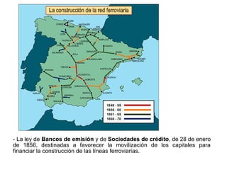 - La ley de Bancos de emisión y de Sociedades de crédito, de 28 de enero
de 1856, destinadas a favorecer la movilización de los capitales para
financiar la construcción de las líneas ferroviarias.
 